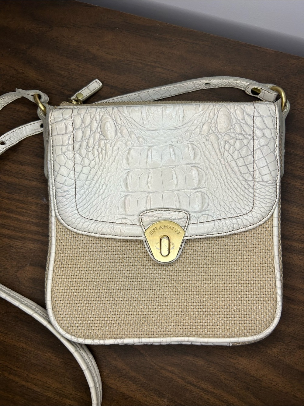 Vintage Brahmin Cream Croc Embossed Leather & Woven Canvas Crossbody Bag